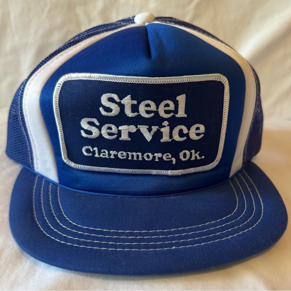 Steel Service Claremore OK Mesh SnapBack Trucker Hat Blue White VTG